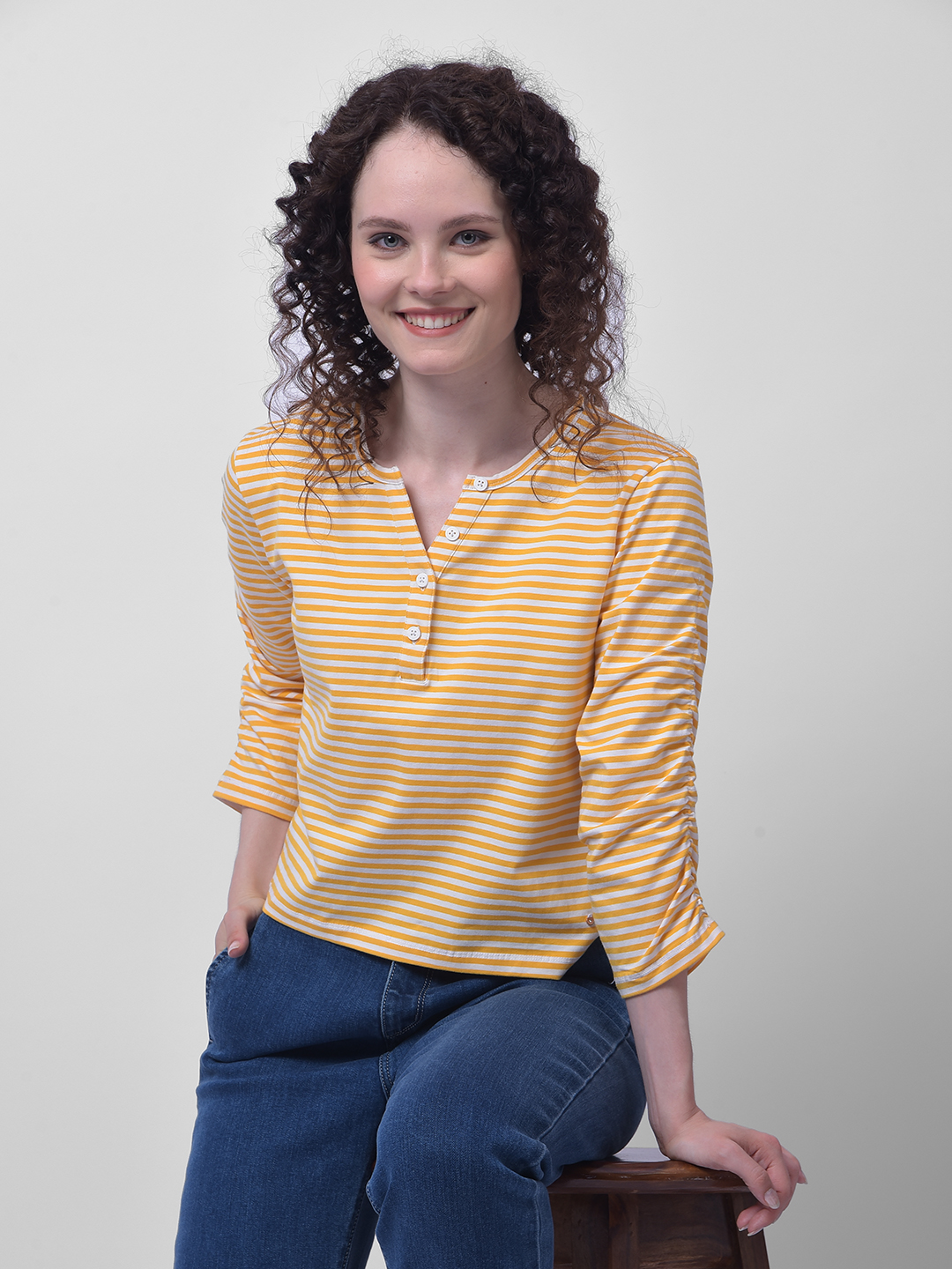 Numero Uno Women Yellow & White Striped Henley Top